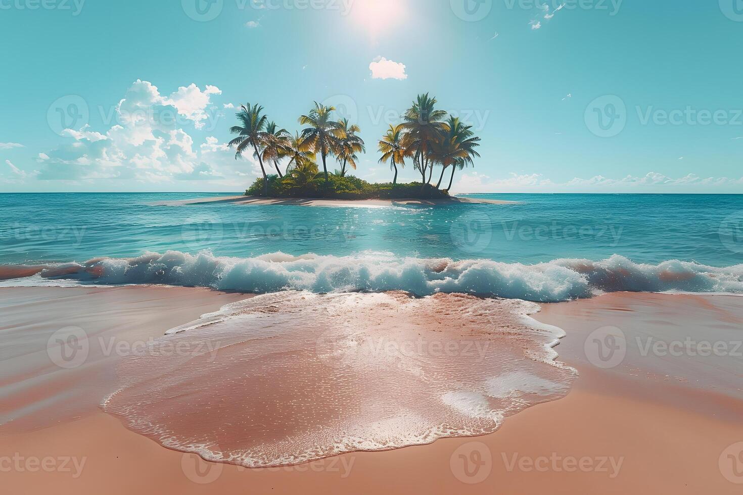 Tropical Paradise Island with Palm Trees and Tranquil Waves under Sunny Skies photo