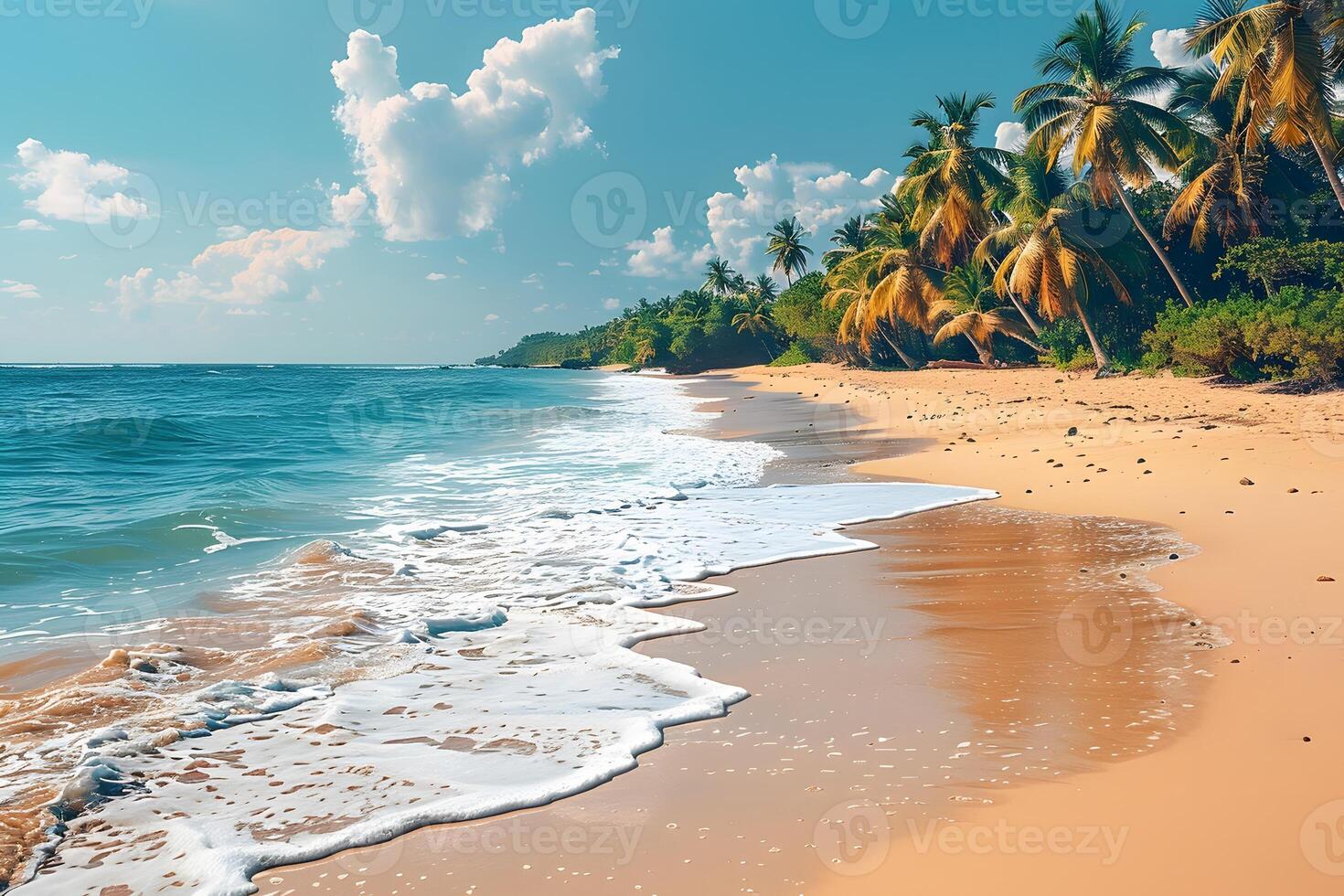 Tropical Beach Paradise with Palm Trees and Gentle Waves for Travel and Relaxation photo