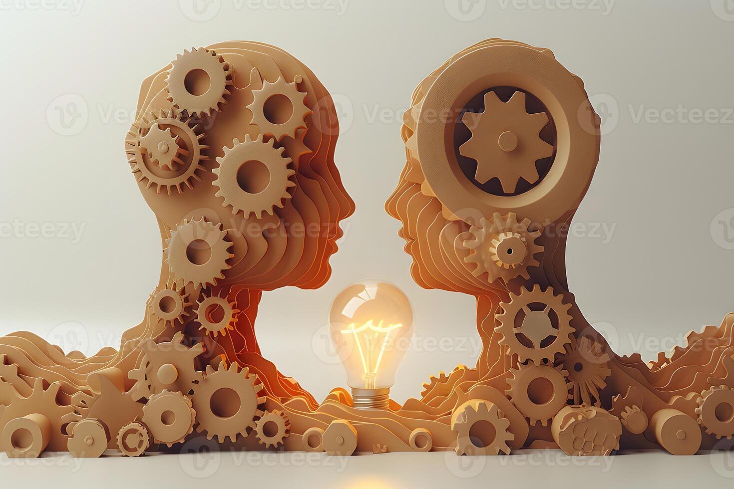 Innovative Mindset Creative Human Heads with Gears and Light Bulb - Technology and Ideas photo