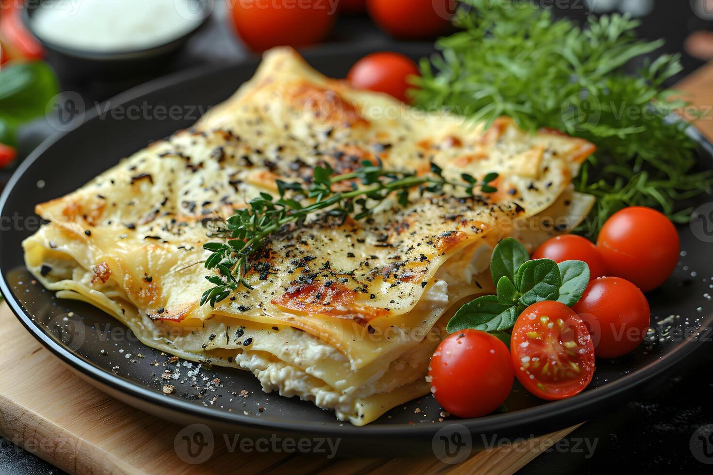 Gourmet Italian Lasagna on Black Plate with Fresh Cherry Tomatoes and Herbs for Culinary Delight photo