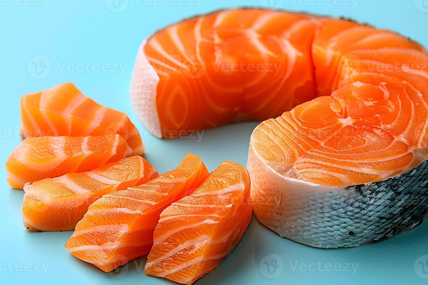 Fresh Salmon Slices on Blue Background for Culinary and Seafood Design photo