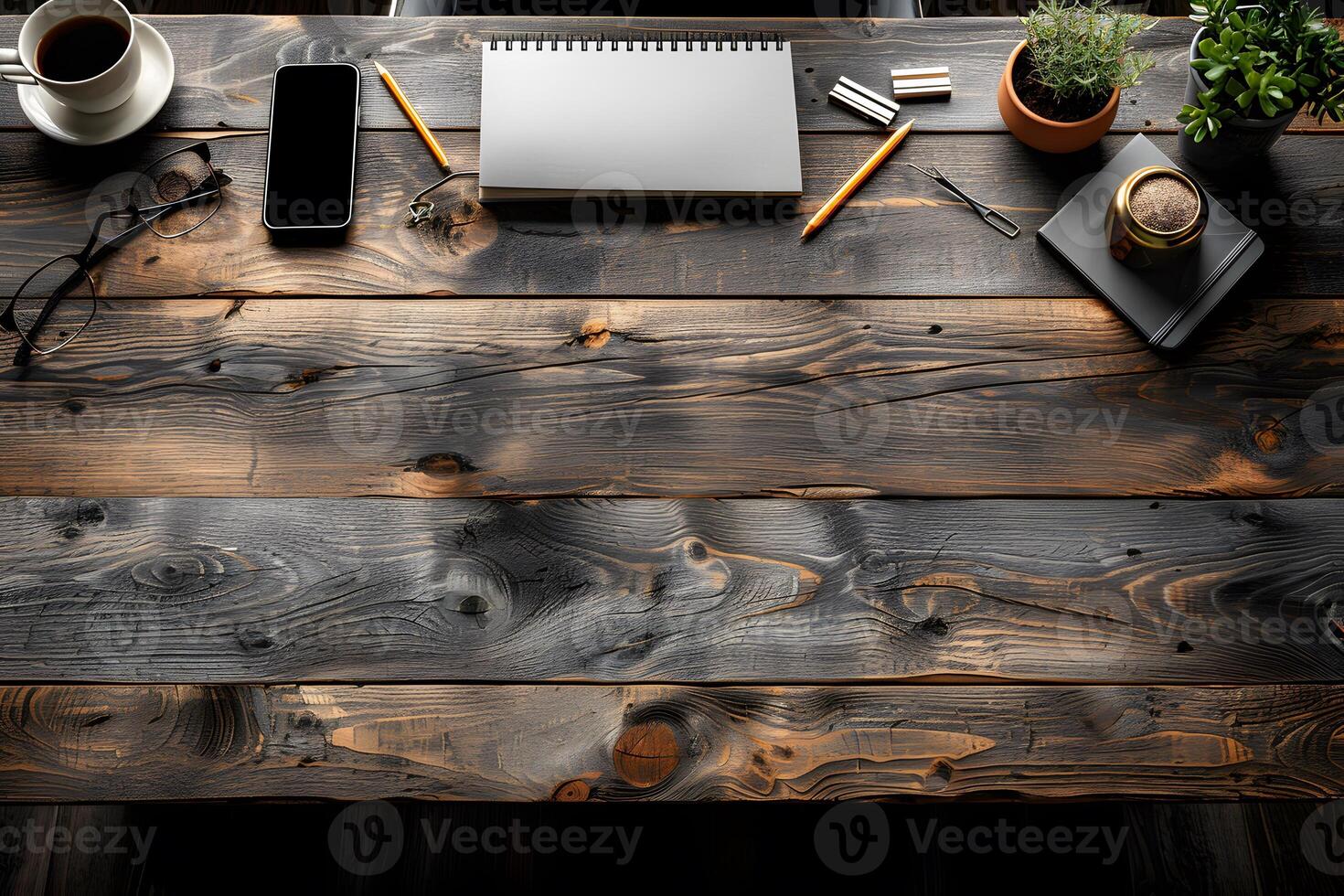 Rustic Wooden Desk with Stationery and Coffee for an Inspiring Workspace Design photo
