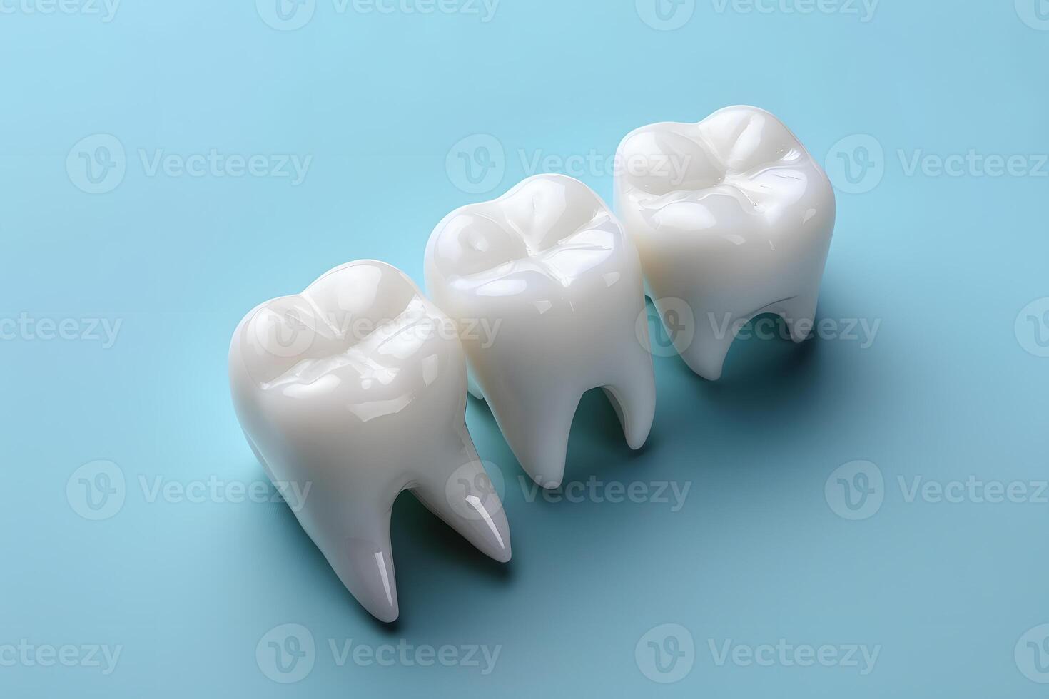Dental Health Concept Three White Teeth Against Blue Background for Oral Care Promotion photo
