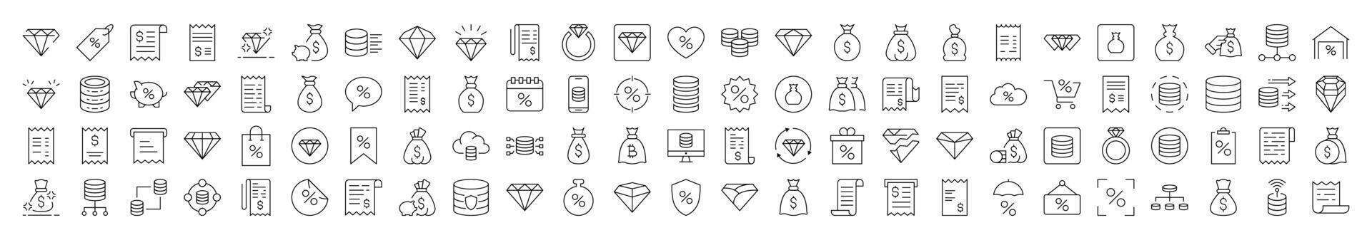 Dollar, Receipt, Diamond, Percent Line Icon Pack. Editable Stroke. Minimalistic Linear Pictogram for Design of Cards, Apps, Banners, Posts vector