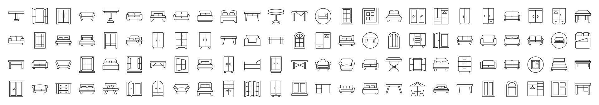 Furniture Line Icon Bundle. Modern Collection for Design, Web Sites, Apps, Cards. Contains Linear Images of Dresser, Couch, Sofa, Table, Window vector