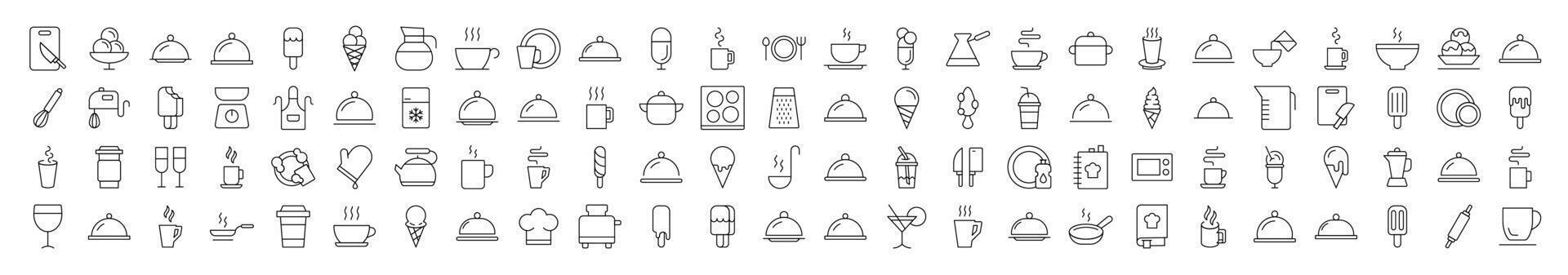 Food, Cooking and Kitchen Bundle of Related Line Icons. Editable Stroke for Design, Web Sites, Apps, Cards. Contains Linear Images of Coffee, Tea, Ice Cream vector
