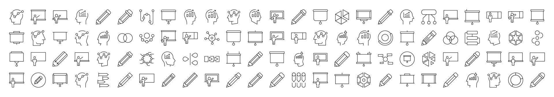 Bundle of Line Icons of Presentation, Brainstorm, Pencil, Diagram. Editable Stroke. Minimalistic Linear Pictogram for Design of Cards, Apps, Banners, Posts vector