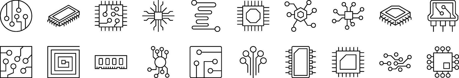 Set of Line Icons of Chip and Scheme. Editable Stroke. Minimalistic Linear Pictogram for Design of Cards, Apps, Banners, Posts vector