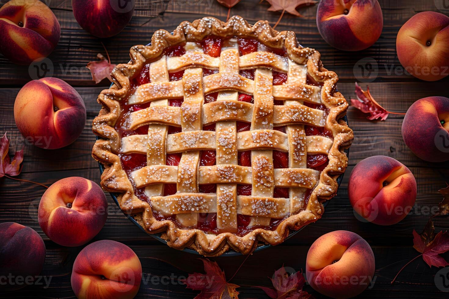 Rustic Autumn Peach Pie Surrounded by Fresh Peaches and Fall Leaves photo