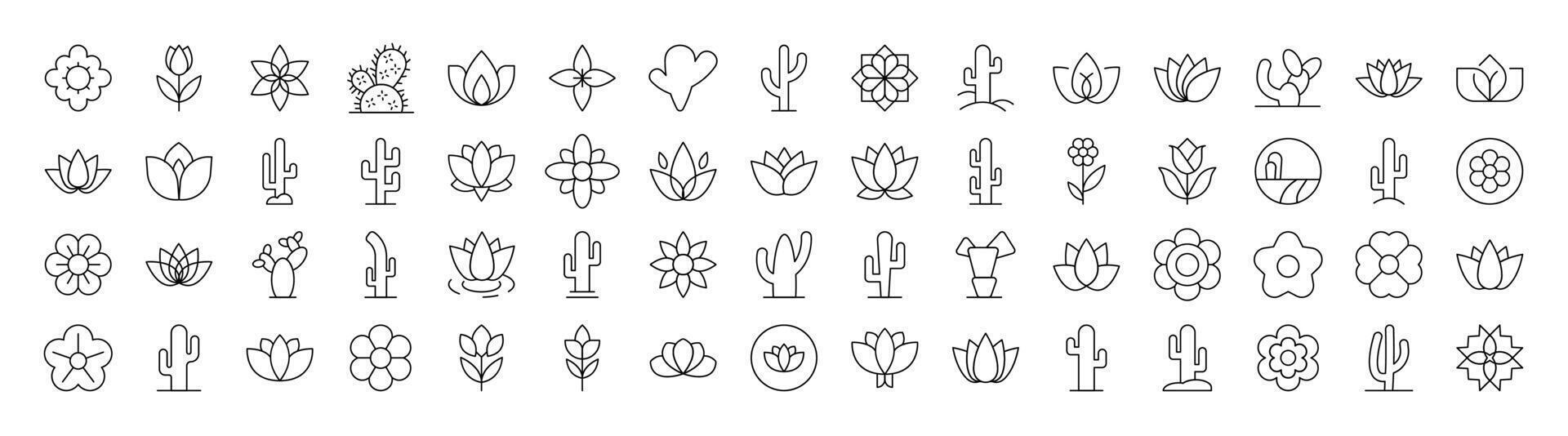 Collection of Flower Related Line Icons. Editable Stroke for Design, Web Sites, Apps, Cards. Contains Linear Images of Plants with Petals and Cactuses vector