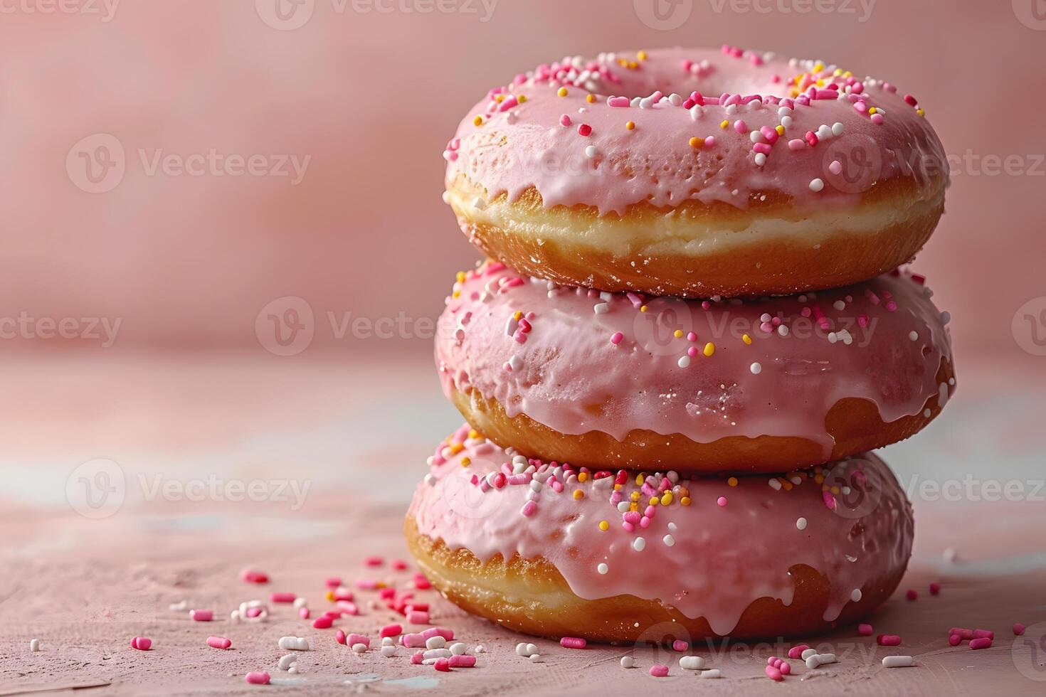 Stack of Pink Frosted Donuts with Sprinkles on Pastel Background for Dessert Design photo
