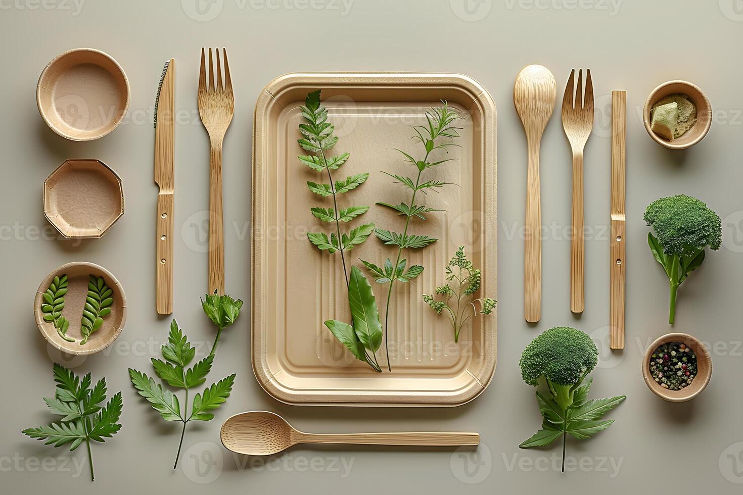 Sustainable Dining Theme with Eco-Friendly Tableware and Fresh Herbs for a Green Lifestyle photo