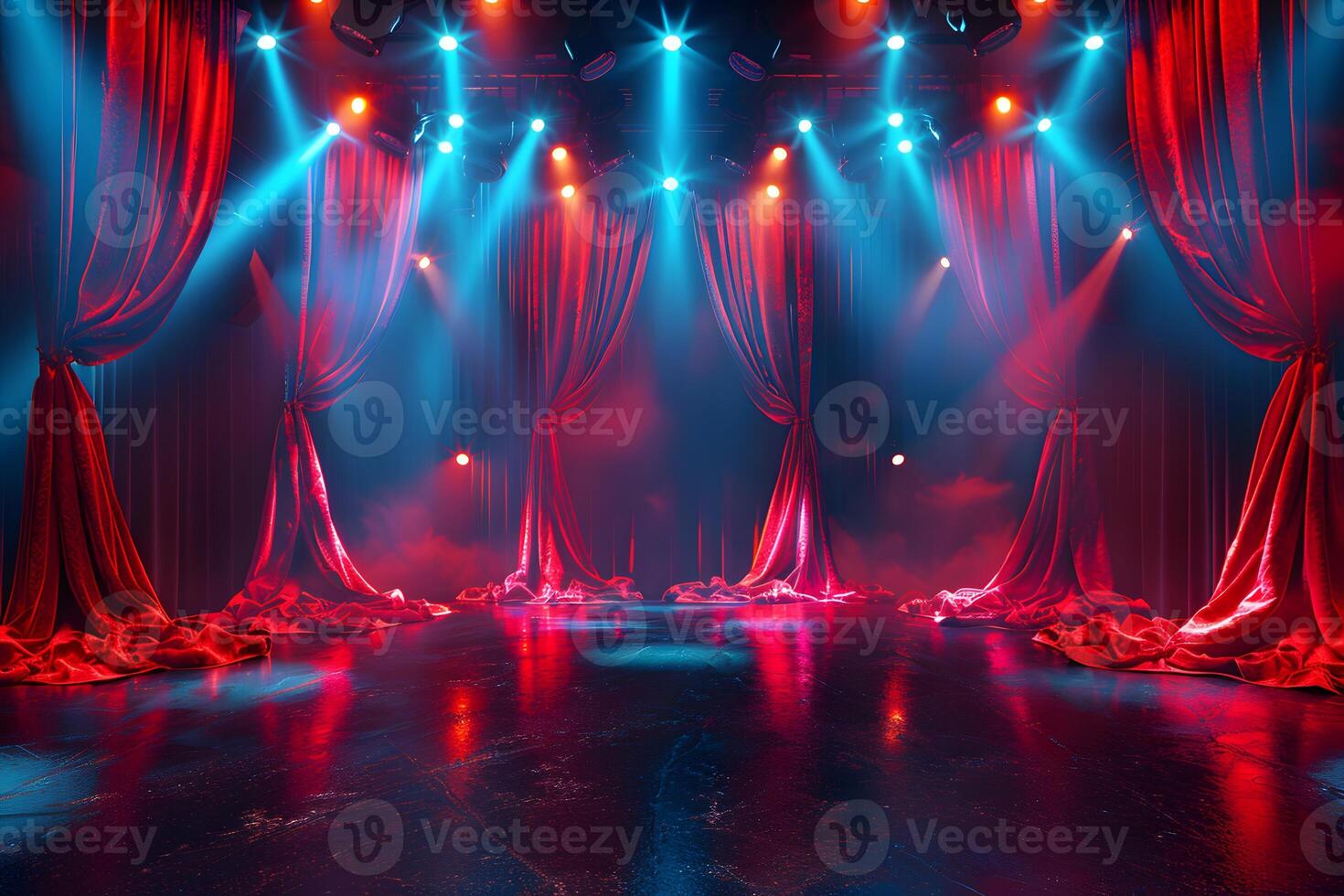 Vibrant Stage with Dramatic Lighting and Red Curtains for Theater Performances photo