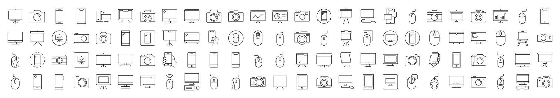 Devices Line Icon Collection. Modern Collection for Design, Web Sites, Apps, Cards. Contains Linear Images of Phone, Photo Camera, Computer Mouse and PC vector