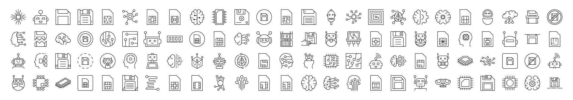 Technology Minimalistic Linear Illustrations of Brain, Chip, Robot, Artificial Intelligence. Contains Icons of Brain, Chip, Robot, Artificial Intelligence that Can Be Used for Design of Cards, Posts vector