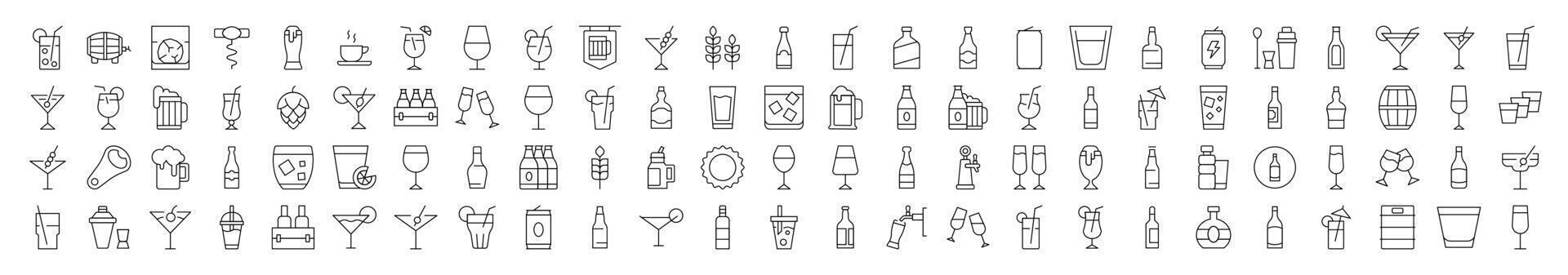 Soft Drinks and Alcohol Outline Simple Icons Bundle. Contains Icons of Beer, Cocktail, Bottle that Can Be Used for Design of Cards, Posts, Apps, Web Sites vector