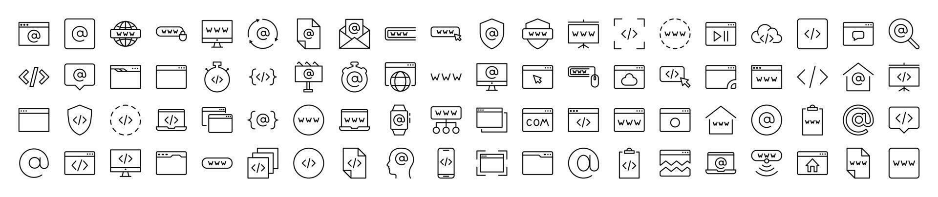 Web Page, Design, Programming Picture Collection. Editable Stroke. Perfect for Infographics, Articles, Books, Flyers, Banners vector