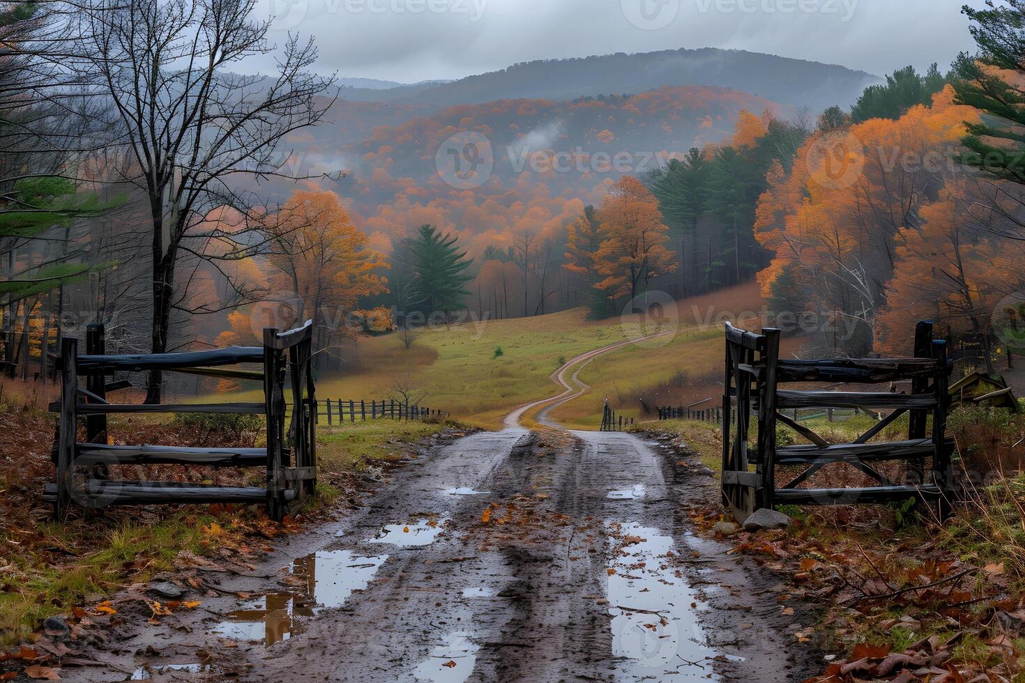 Autumn Pathway Through Misty Mountains and Vibrant Forests - Perfect for Nature Posters or Travel photo