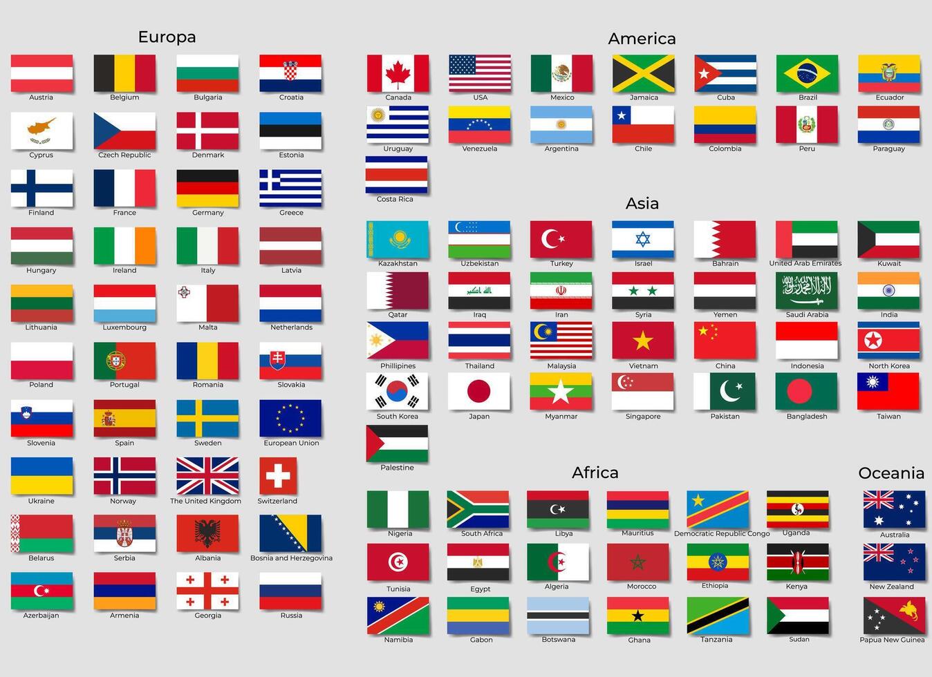 National flags of the world with shadows, official RGB coloring and detailed emblems. Popular world flags set. vector