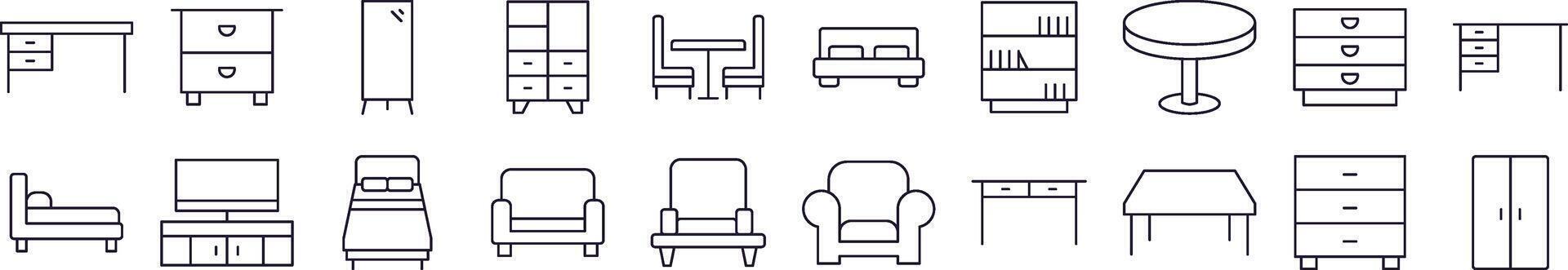 Table, Closet, Mirror, Chair and Table Line Icon Set. Editable Stroke. Minimalistic Linear Pictogram for Design of Cards, Apps, Banners, Posts vector