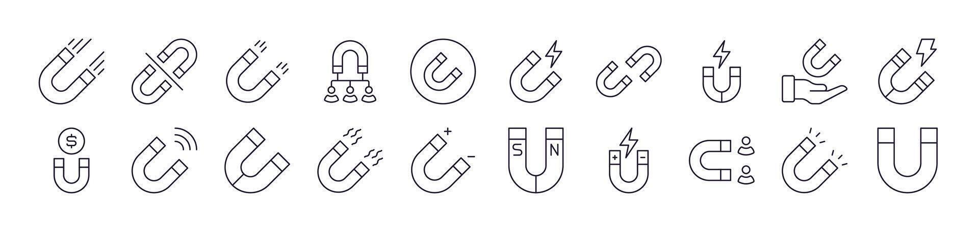 Bundle of Line Icons of Magnet. Editable Stroke. Minimalistic Linear Pictogram for Design of Cards, Apps, Banners, Posts vector