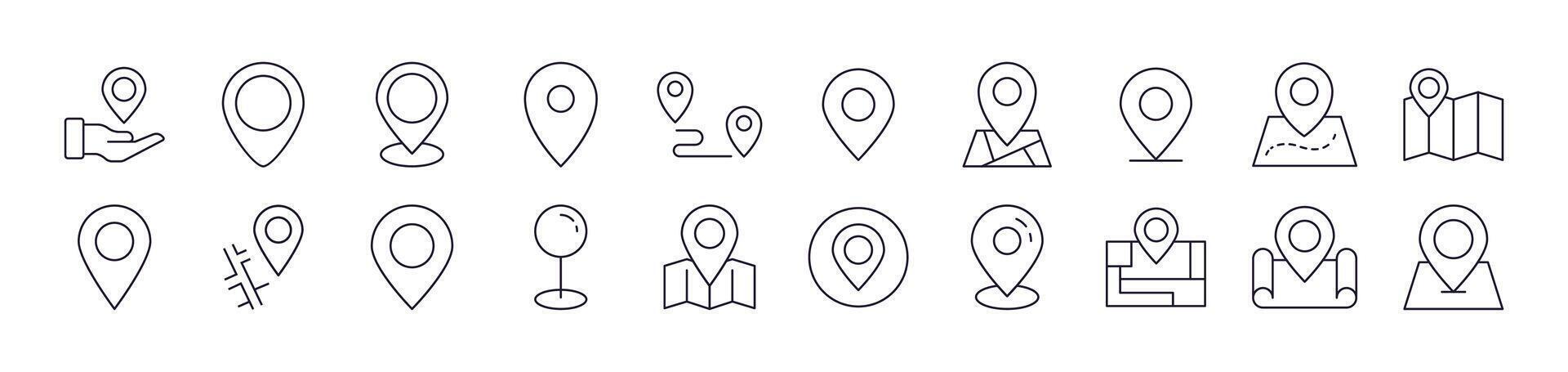 Collection of Line Icons of Map Pin. Editable Stroke. Minimalistic Linear Pictogram for Design of Cards, Apps, Banners, Posts vector
