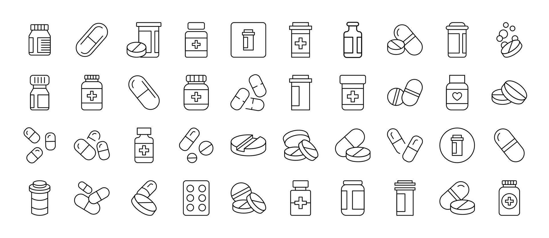 Meds and Treatment Simple Linear Illustrations. Contains Icons of Pills that Can Be Used for Design of Cards, Posts, Apps, Wen Sites vector
