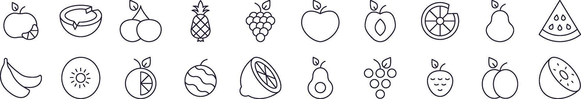 Watermelon, Coconut, Grape and Other Fruits Line Icon Bundle. Editable Stroke. Minimalistic Linear Pictogram for Design of Cards, Apps, Banners, Posts vector