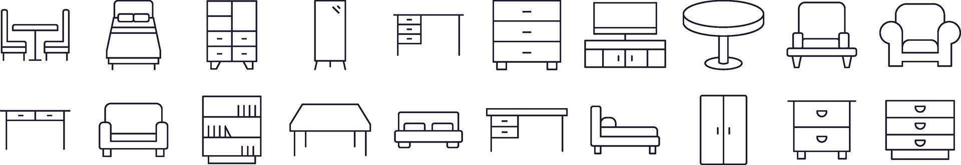 Bundle of Line Icons of Table, Closet, Mirror, Chair and Table. Editable Stroke. Minimalistic Linear Pictogram for Design of Cards, Apps, Banners, Posts vector