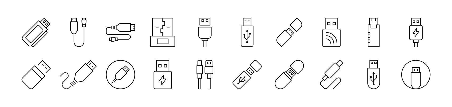 USB Cable Line Icon Bundle. Editable Stroke. Minimalistic Linear Pictogram for Design of Cards, Apps, Banners, Posts vector