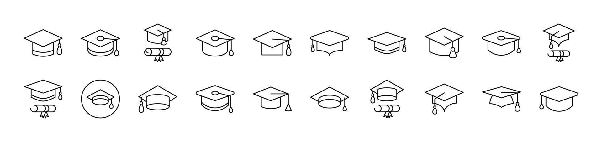 Academic Square Cap Set of Thin Icons. Editable Stroke. Suitable for Web Sites, Books, Cards, Apps vector