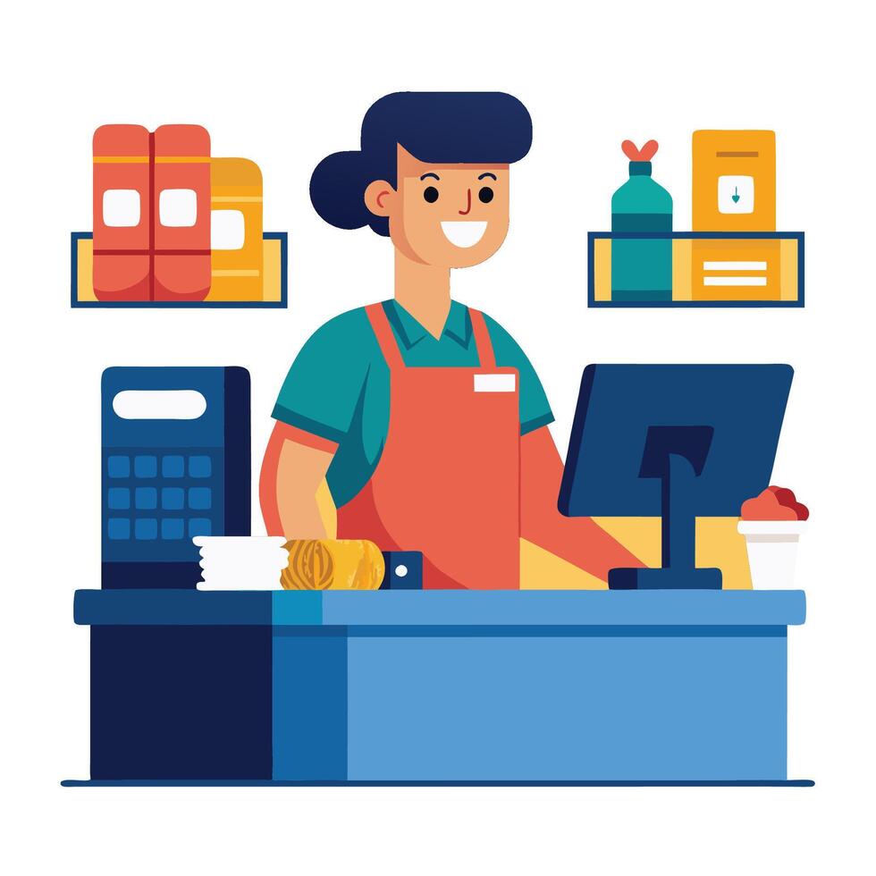 female cashier is welcoming customers vector
