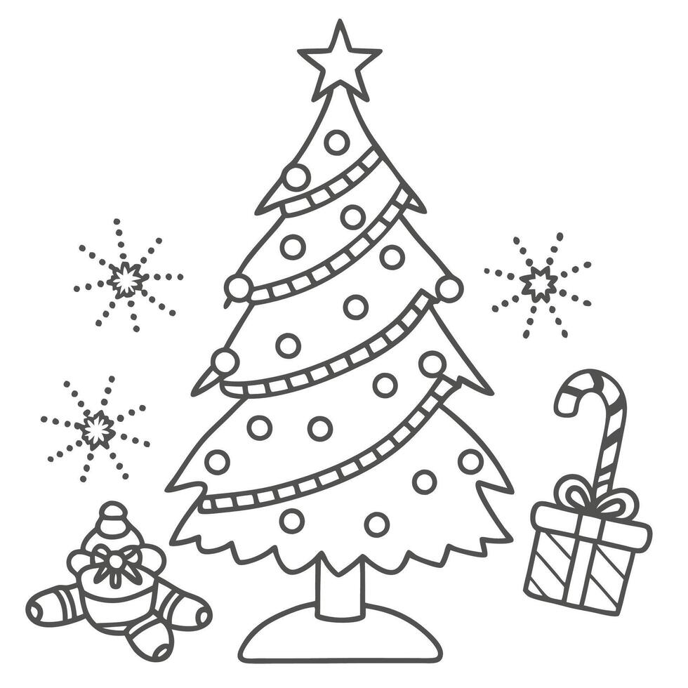 Christmas tree with gift outline vector