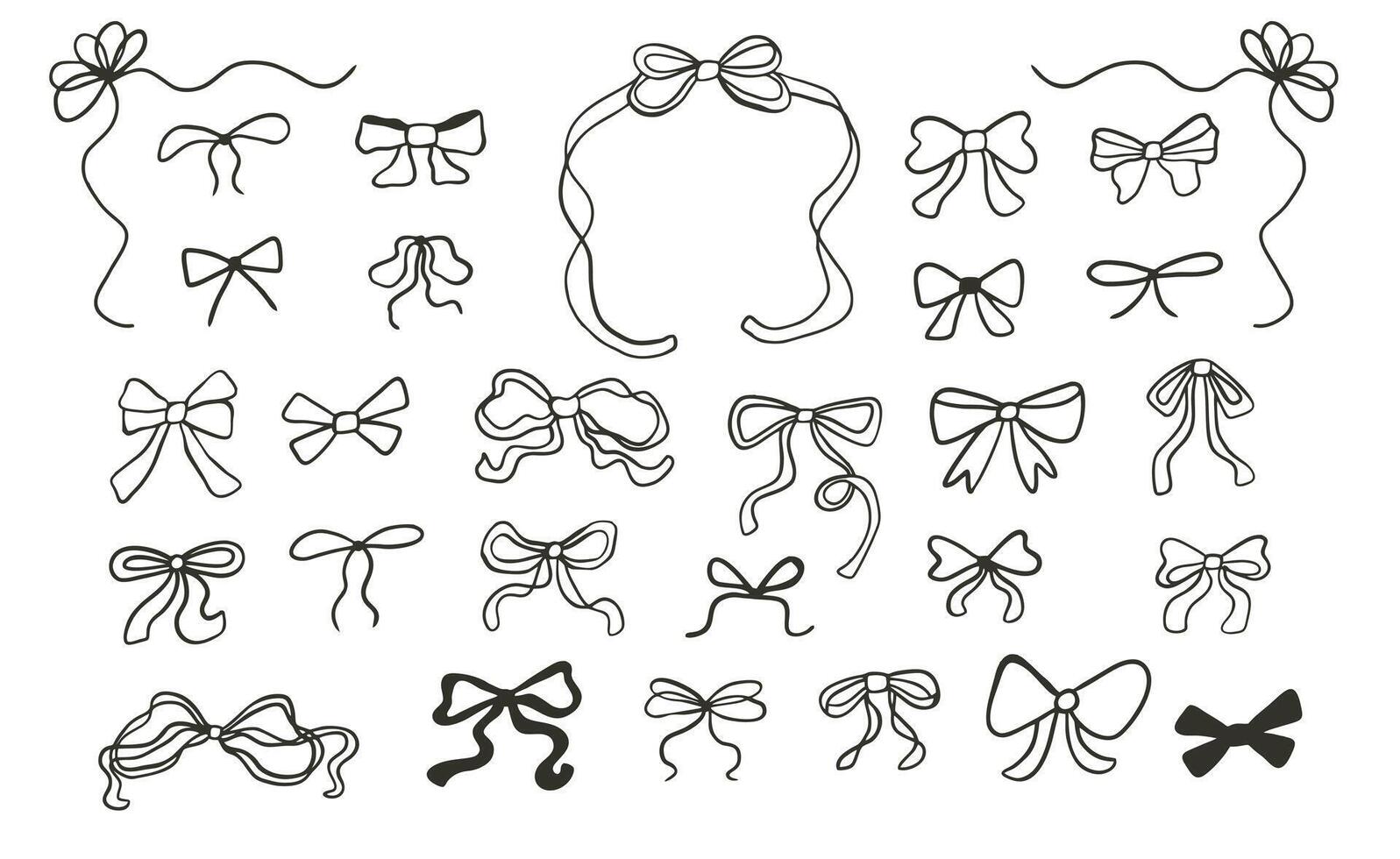 Set of elegant whimsical bow tie in vintage style. Doodle outline bow. Design black elements. Symbol wedding celebration and birthday party decorations vector