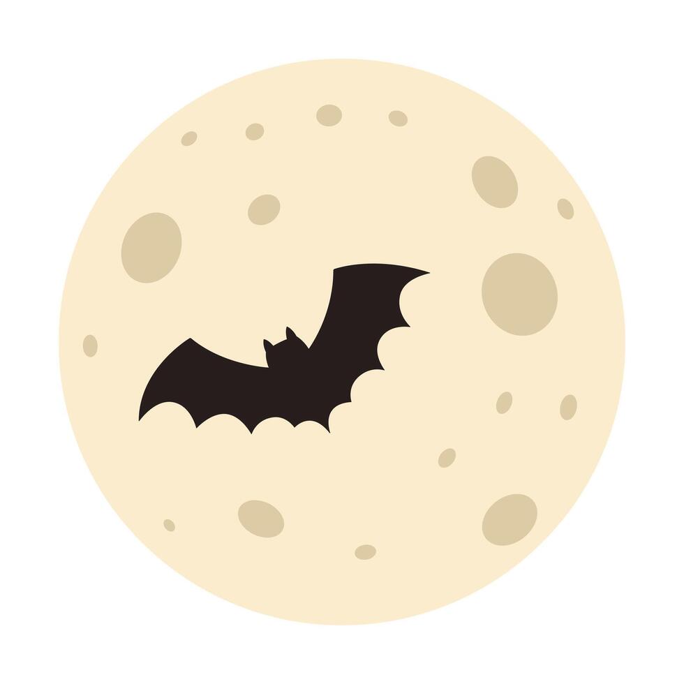 Full moon and flying bat silhouette. Spooky night. Halloween symbol. Flat illustration isolated on white background vector