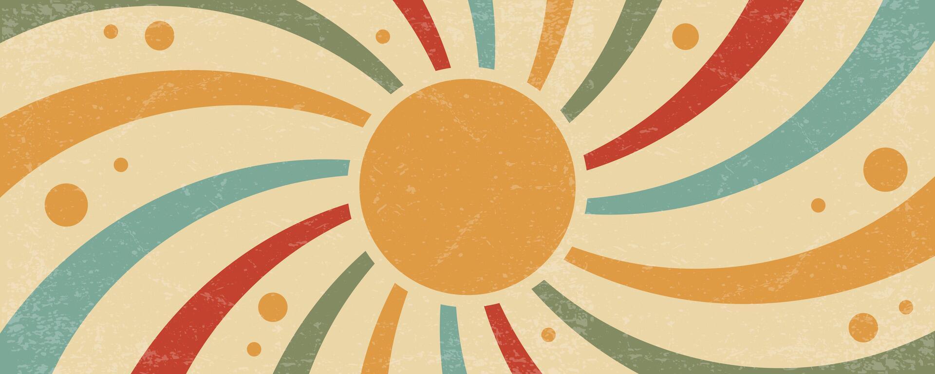 Sunrays retro background. Summer 70s poster. Abstract groovy design with grunge texture. Old paper banner with orange spiral beams on yellow backdrop. vector