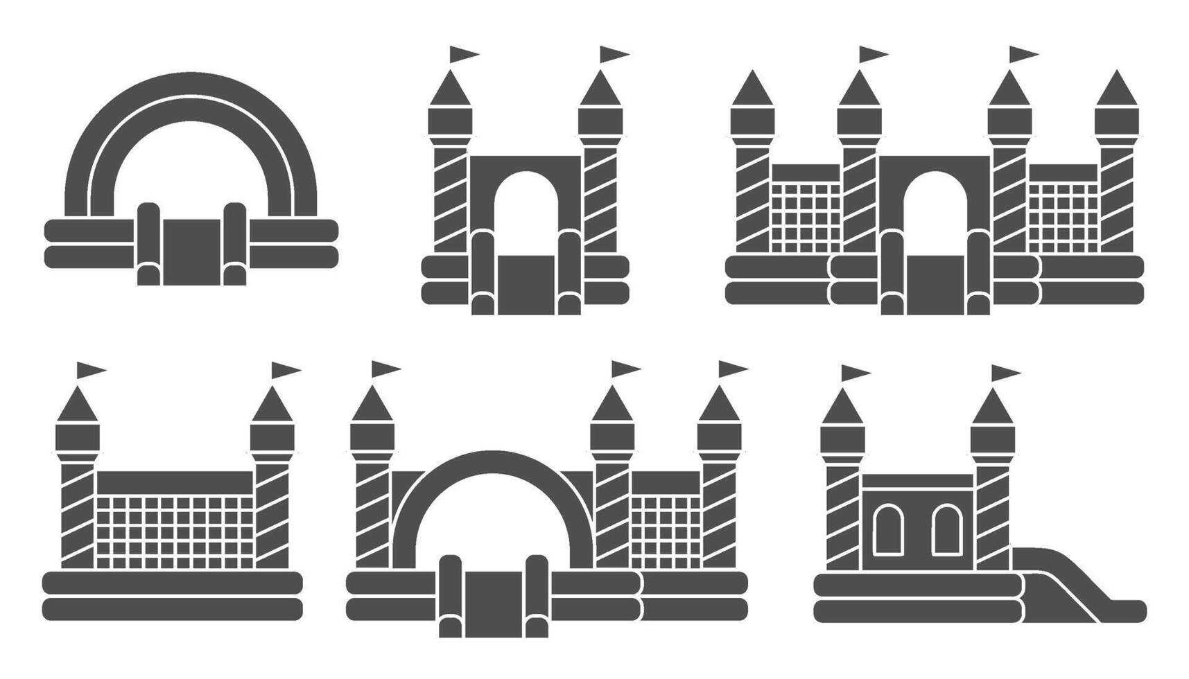 Bouncy castle icons set. Inflatable house pictograms with slide for air trampoline park and children playground. Inflated equipment for amusement park and kids zone. Glyph illustration vector