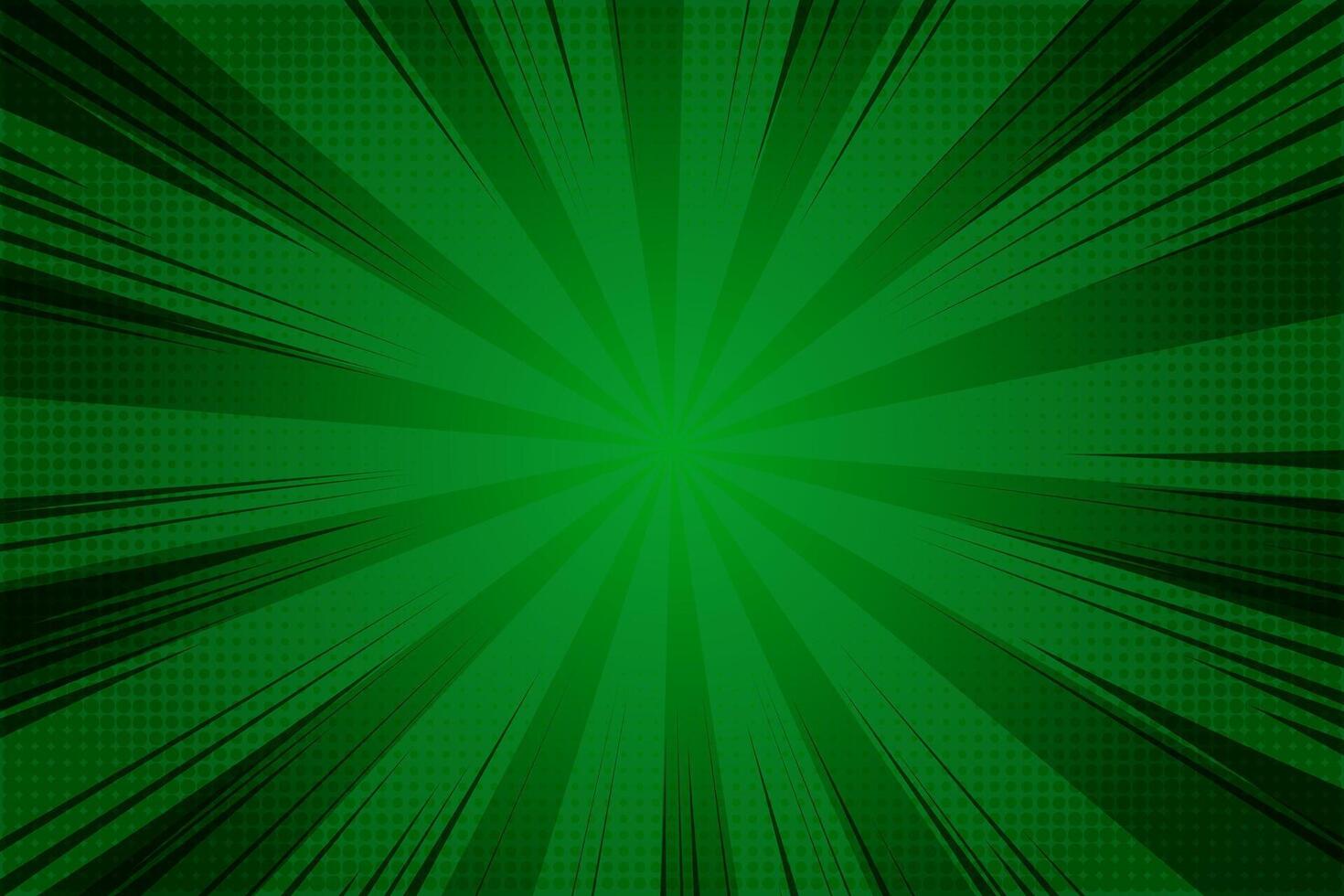 Green comic background with pop art sunburst. Retro bg with radial rays of explosion. Abstract halftone backdrop. Superhero speed lines wallpaper vector