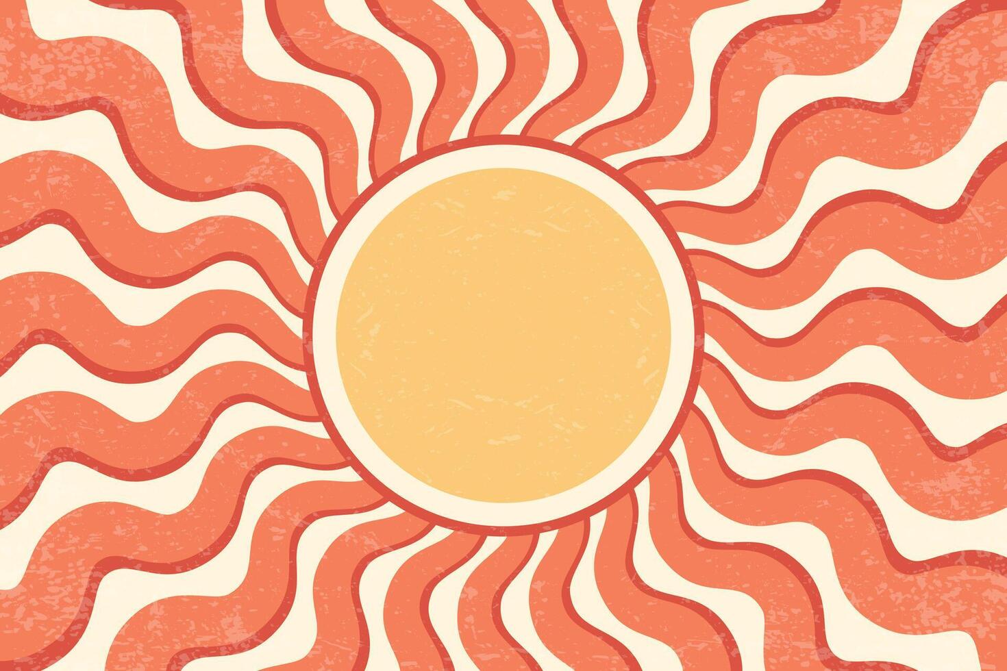 Sunrays retro background. Summer 70s poster. Abstract groovy design with grunge texture. Old paper banner with orange spiral beams on yellow backdrop. vector