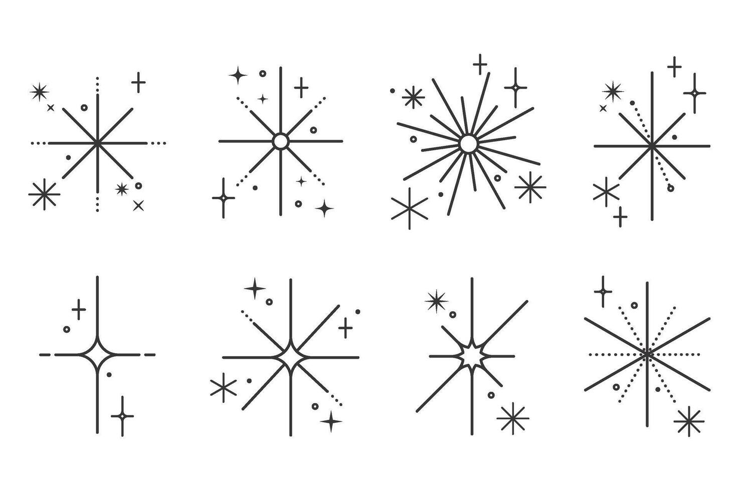Outline icons of stars with sparkles. Glitter light graphic elements set. Twinkles retro symbols on white background. Minimal magic decoration pictograms. Abstract modern figures vector