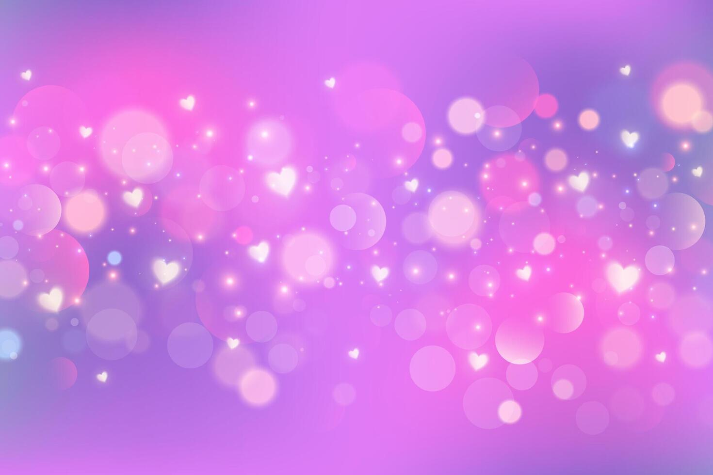 Pink and purple blurred background with hearts bokeh and glitter. Valentine day romantic backdrop with dreamy sparkles and stars. Bright color gradation sky with magic soft light. vector