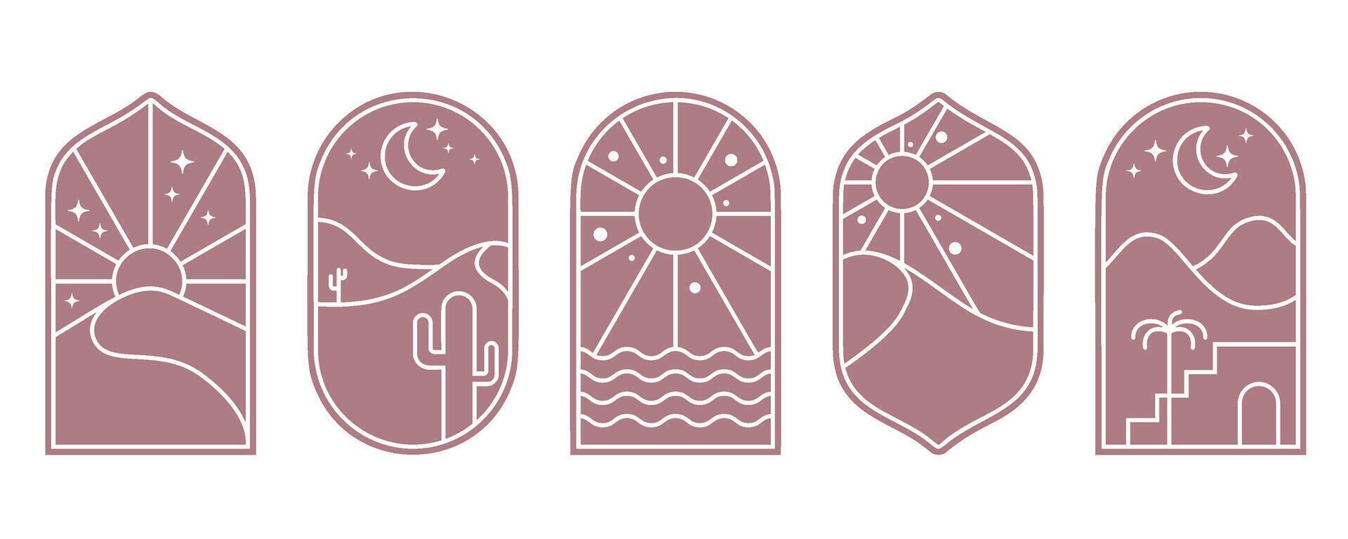 Desert boho logo with sun and mountains. Abstract bohemian illustration with moon cactus and minimal landscape. Arch and windows shapes set. Design elements for poster and decoration vector