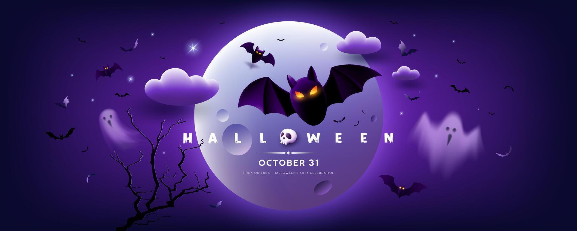 Happy Halloween, bat flying and ghost on full moon banner design purple background vector