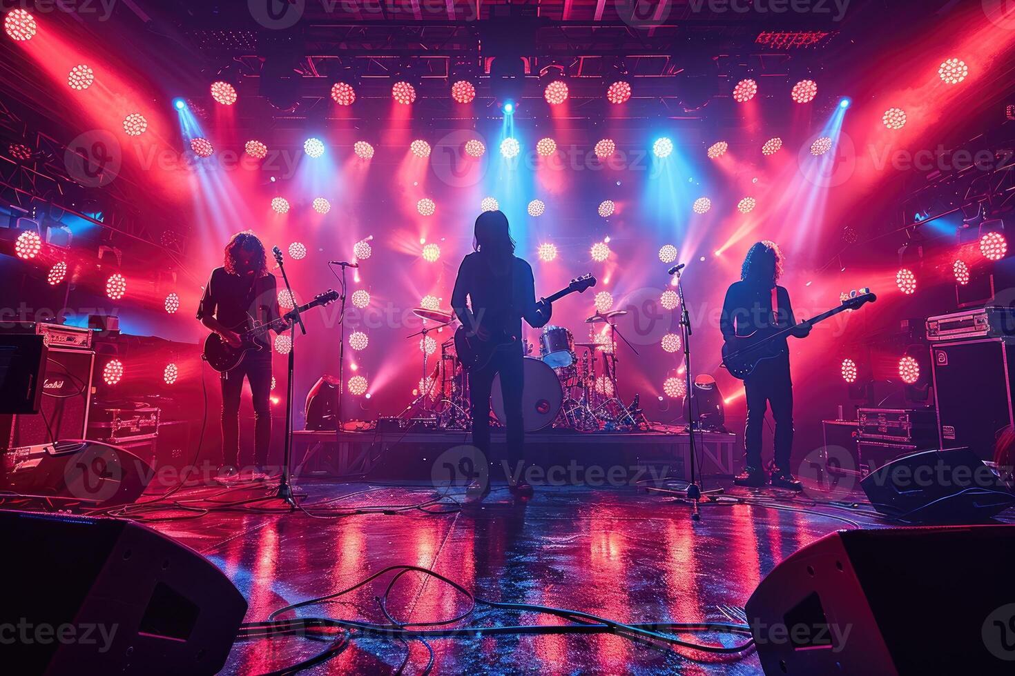 A Rock Band Performing on Stage with Red and Blue Lights photo