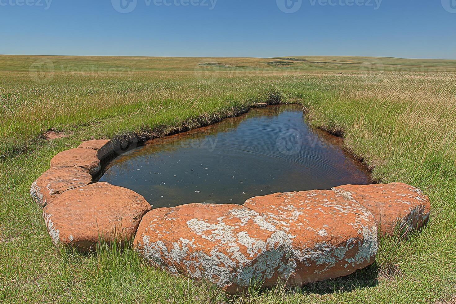 A Small Pool of Water in a Stone Lined Depression in a Grassy Field photo