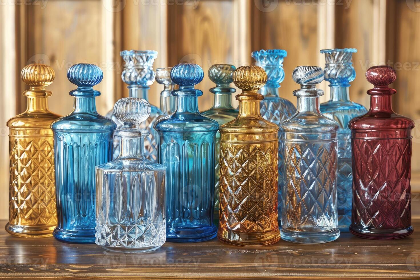 A Row of Ornate Glass Bottles on a Wooden Tabletop photo