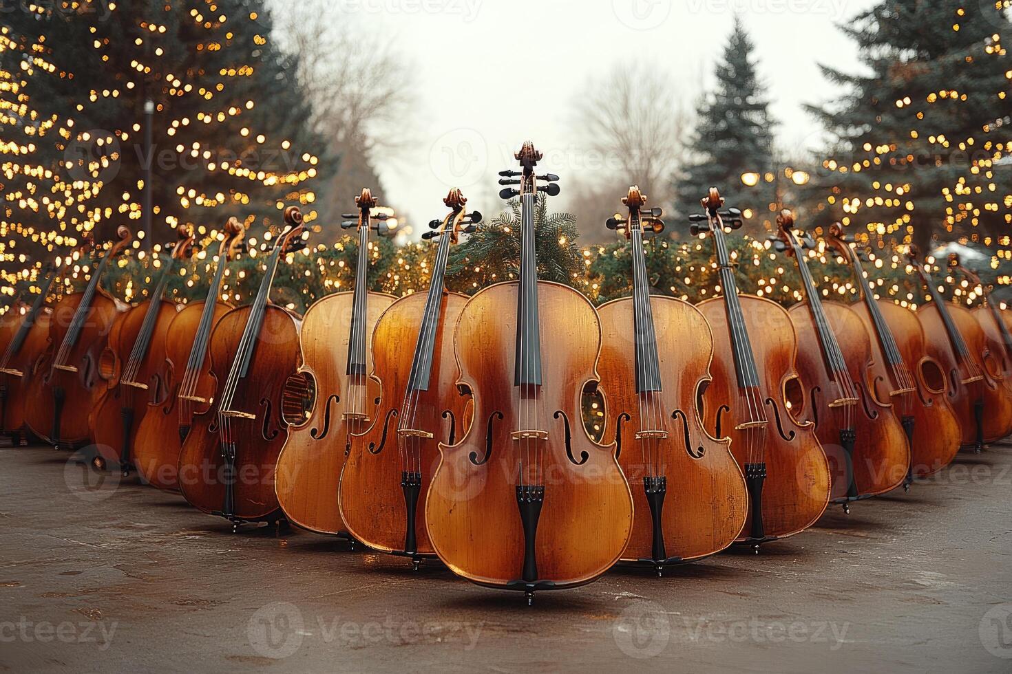 A Row of Cellos Against a Background of Christmas Lights photo