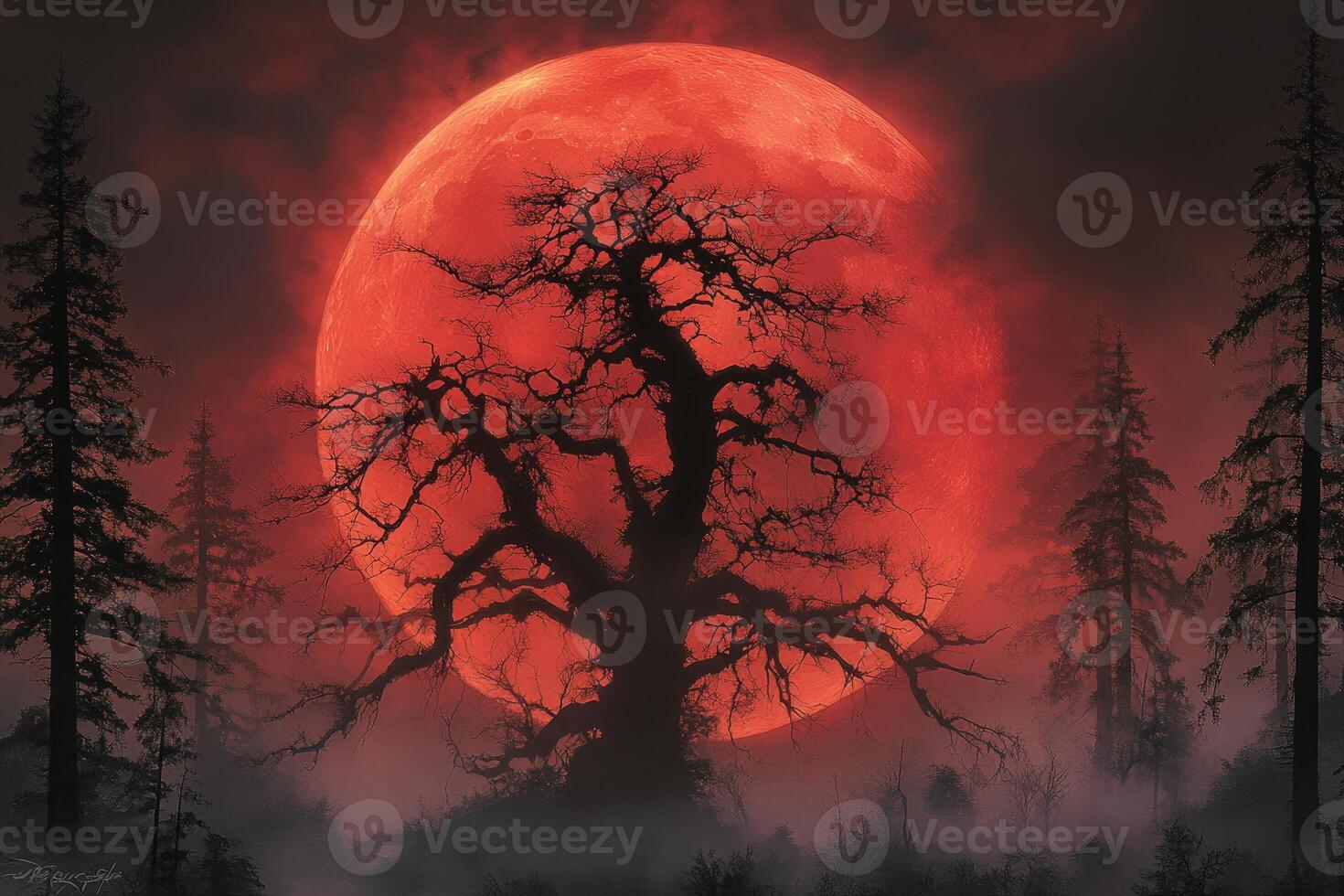 A Silhouetted Tree Stands Before a Large Red Moon photo