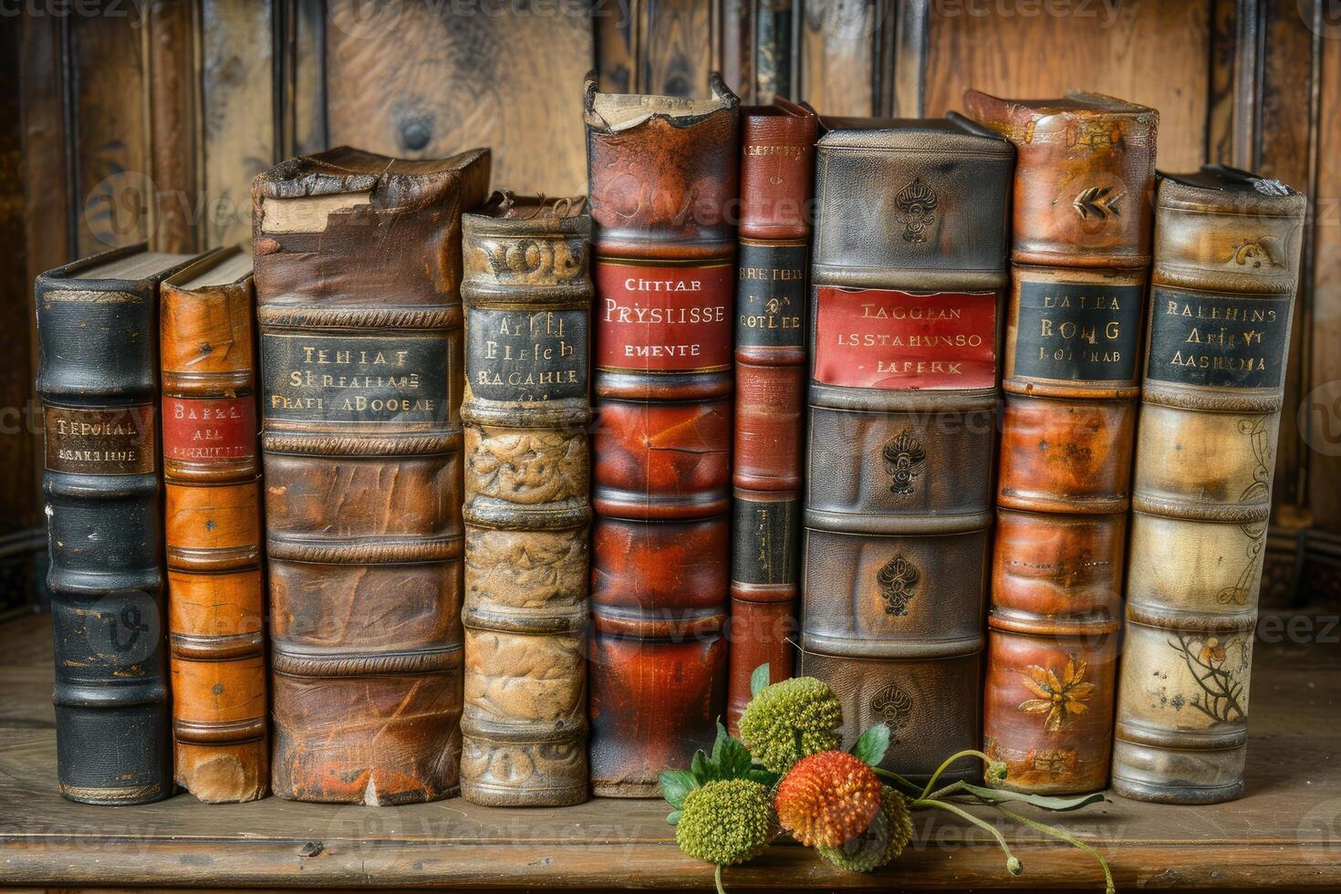 A Row of Antique Leather-Bound Books on a Wooden Shelf photo