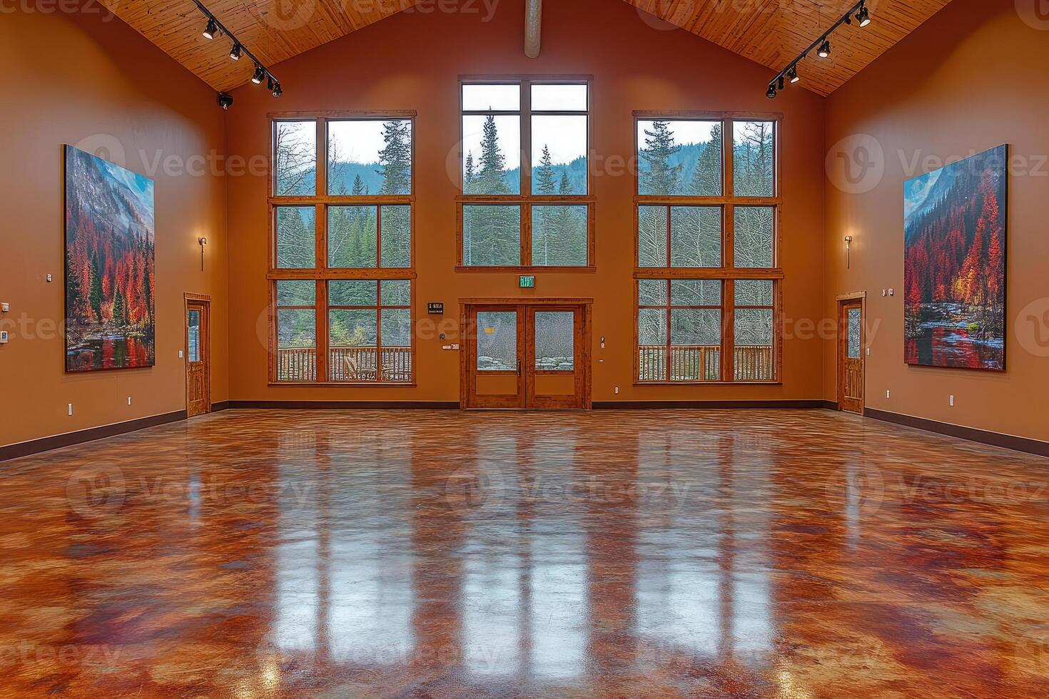 A Spacious Room with Large Windows and a Polished Floor photo